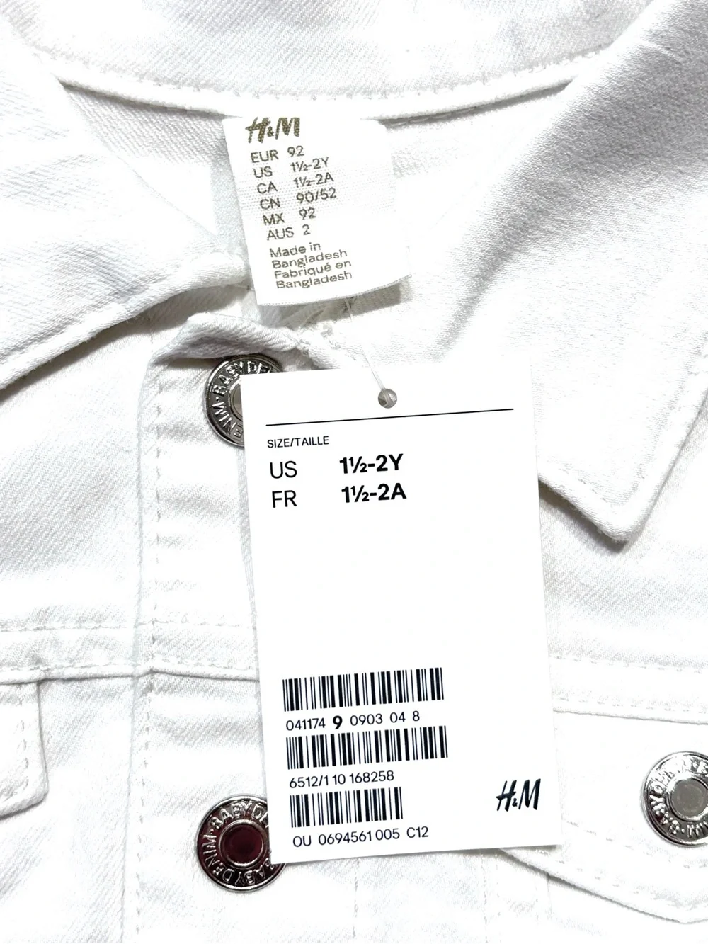 NEW H&M Kids Baby White Denim Jean Jacket Silver Button 1.5-2Y